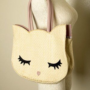 Betsey Johnson Large Cat Kitty Face Straw Toe Beach Bag